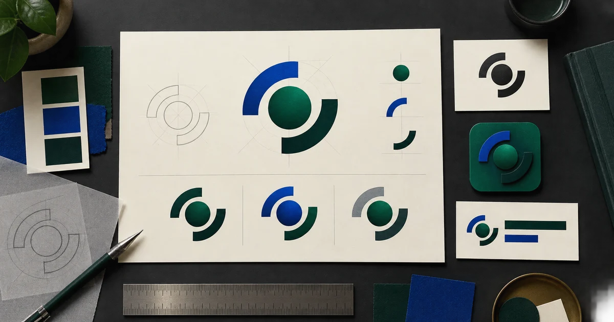 Original geometric mark shown as sketches, color variants, an icon, and a horizontal lockup