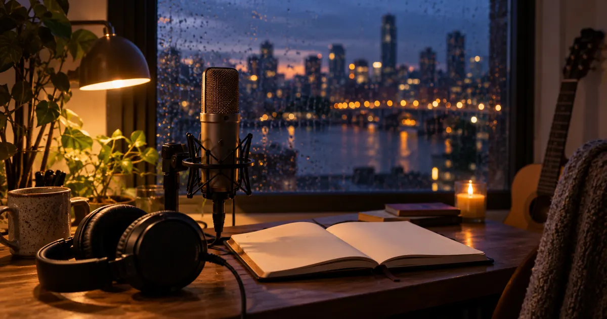 AI-generated editorial scene of a microphone, headphones and blank notebook beside a rainy city window