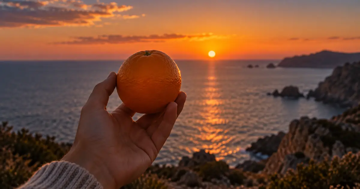 A round orange held near the horizon at golden hour, visually echoing the low sun for a graphic match cut