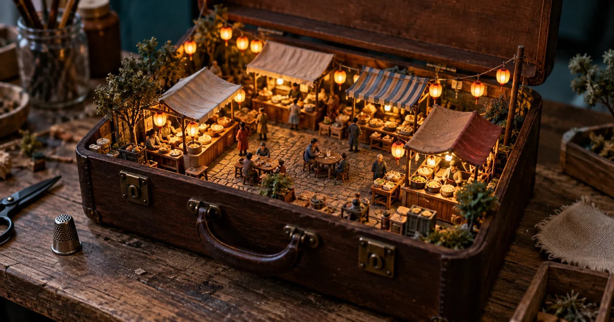 A miniature illuminated market inside a wooden suitcase with a real thimble beside it for scale