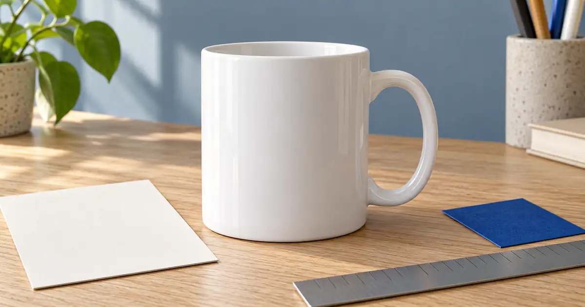 Plain white ceramic mug beside a blank proof card on an oak worktable
