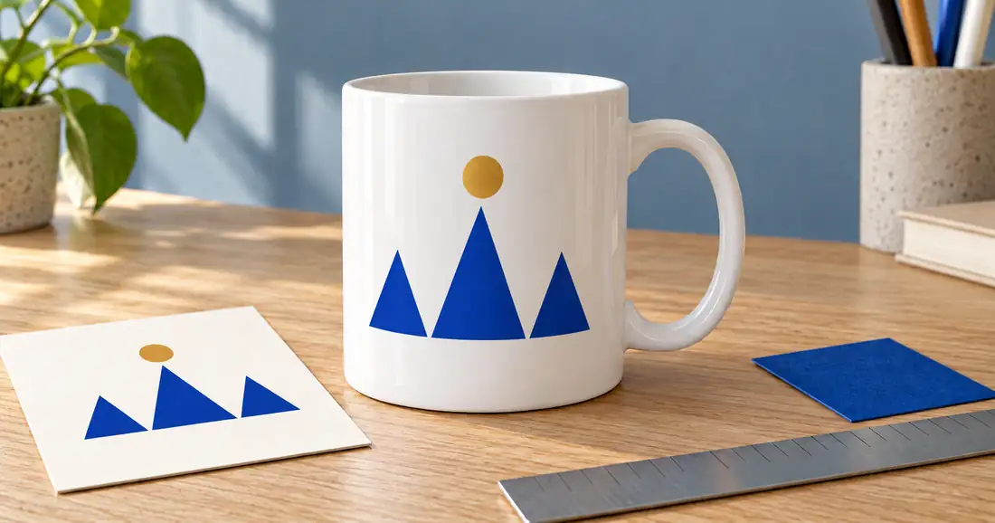 Generated white mug with three blue triangular peaks and a gold circle, beside a card displaying a similar motif