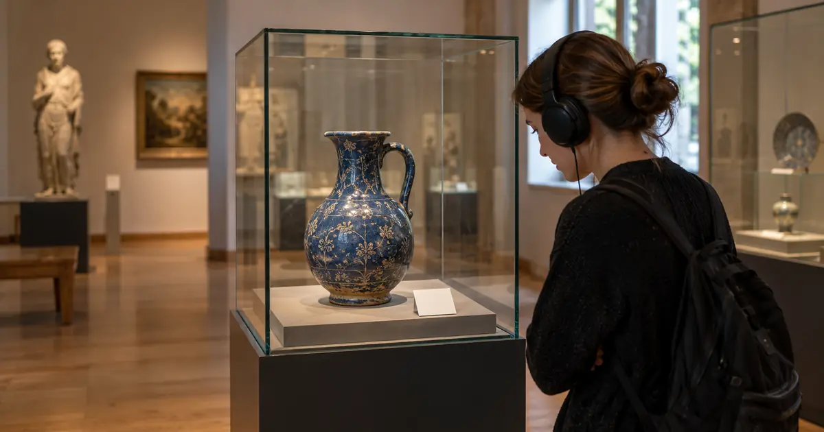 Museum visitor wearing headphones while studying a blue ceramic jug in a glass display case