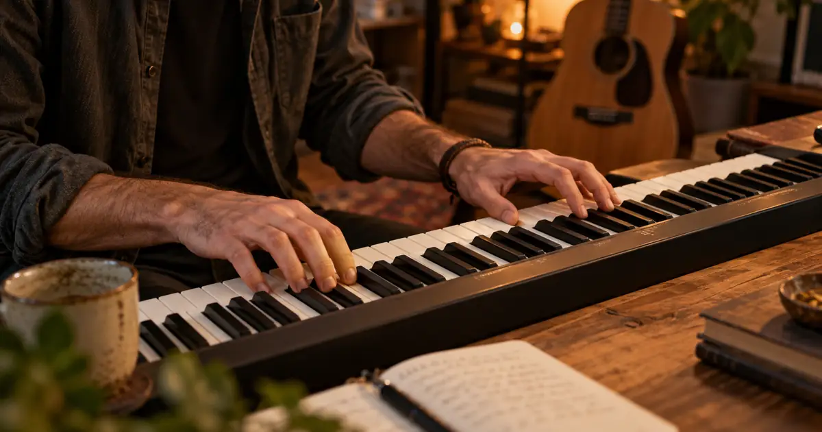 AI-generated editorial illustration of hands playing a keyboard with an acoustic guitar in the background