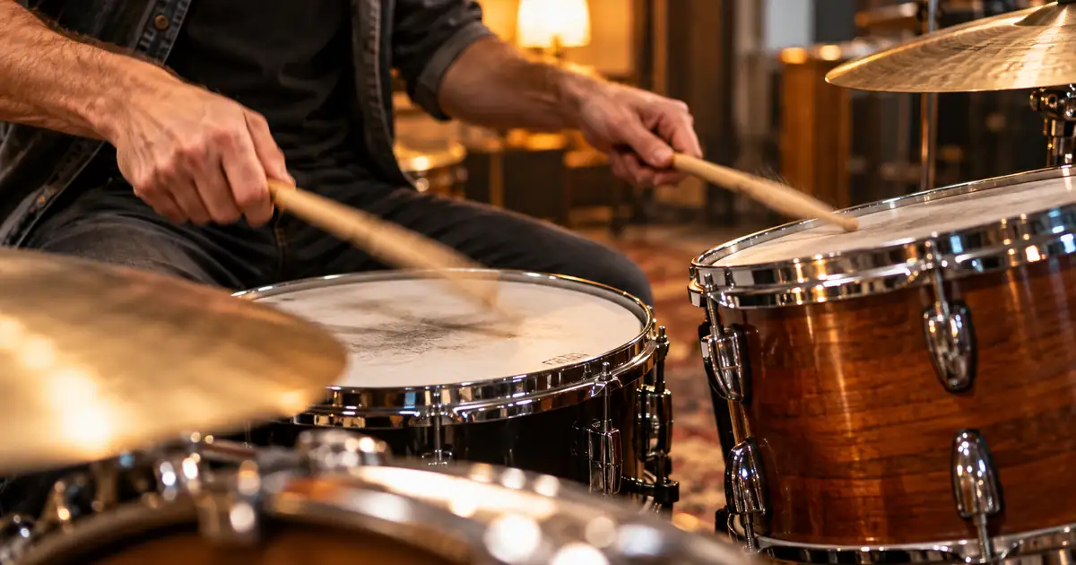 Drummer's hands moving across a compact acoustic drum kit in warm studio light