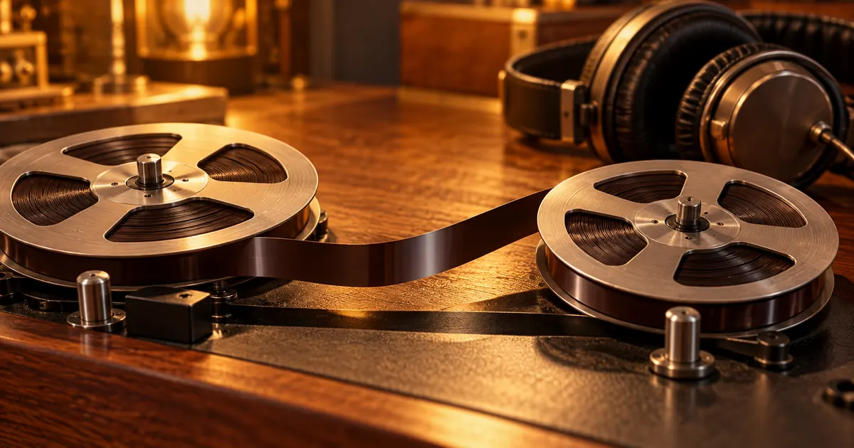 Analog tape reels and headphones on a warm recording desk, illustrating a repeating music workflow.