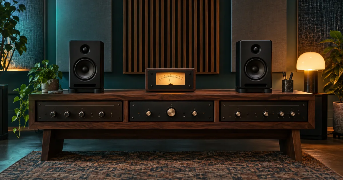 A mastering room with nearfield speakers and a softly illuminated analog level meter, without screens or decorative interfaces