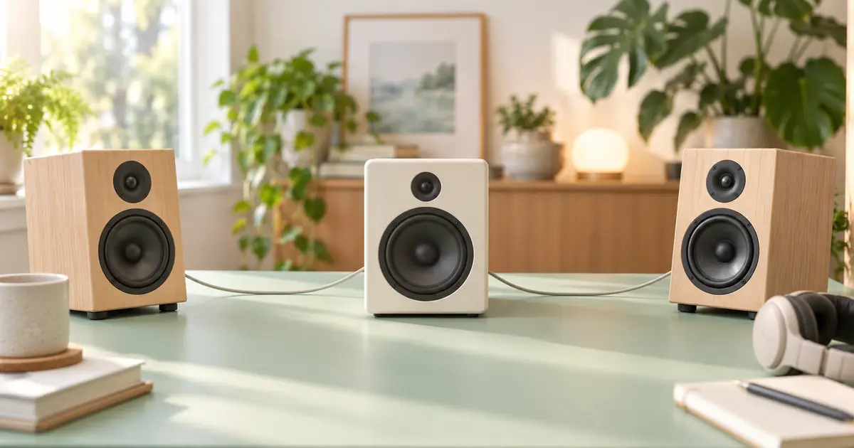 Two small stereo studio monitors connected visually toward a single central speaker in a bright listening room