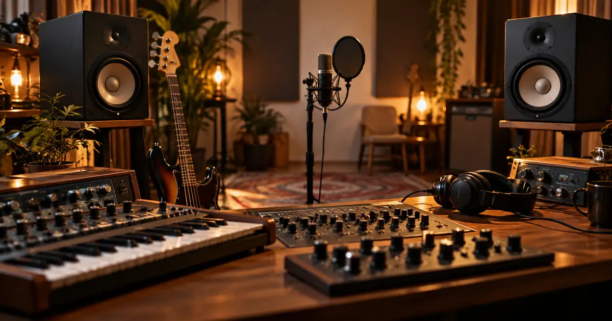 Recording studio with a bass guitar, keyboard, speakers, and central microphone for reviewing a crowded arrangement