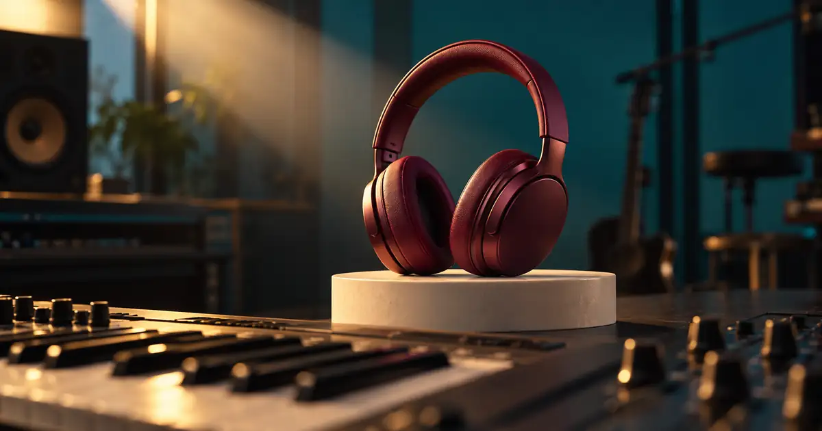 Burgundy headphones on a lit pedestal beside a music keyboard and mixing controls