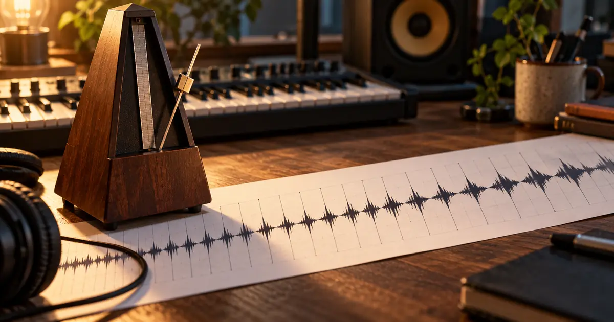 Metronome beside a waveform and regular timing grid on a music production desk