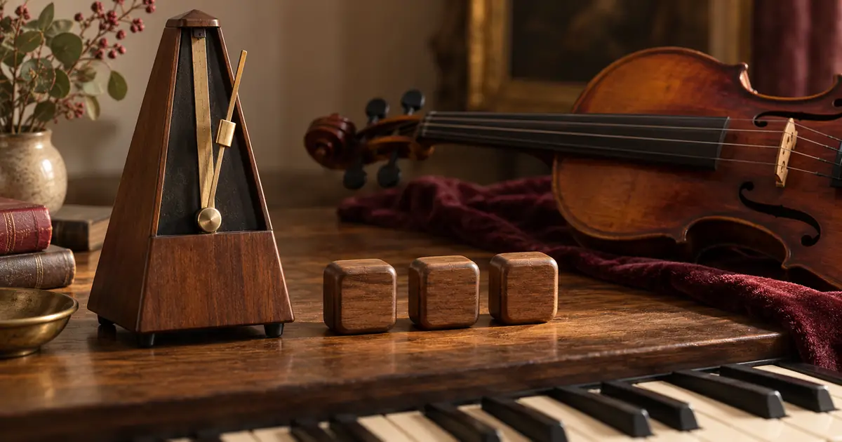 A mechanical metronome and three wooden rhythm blocks beside piano keys and a violin in a warm studio