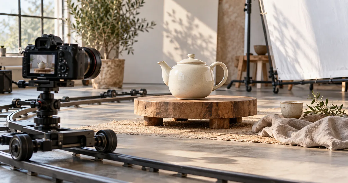 A cream teapot stands on a studio table beside a curved camera track in soft daylight