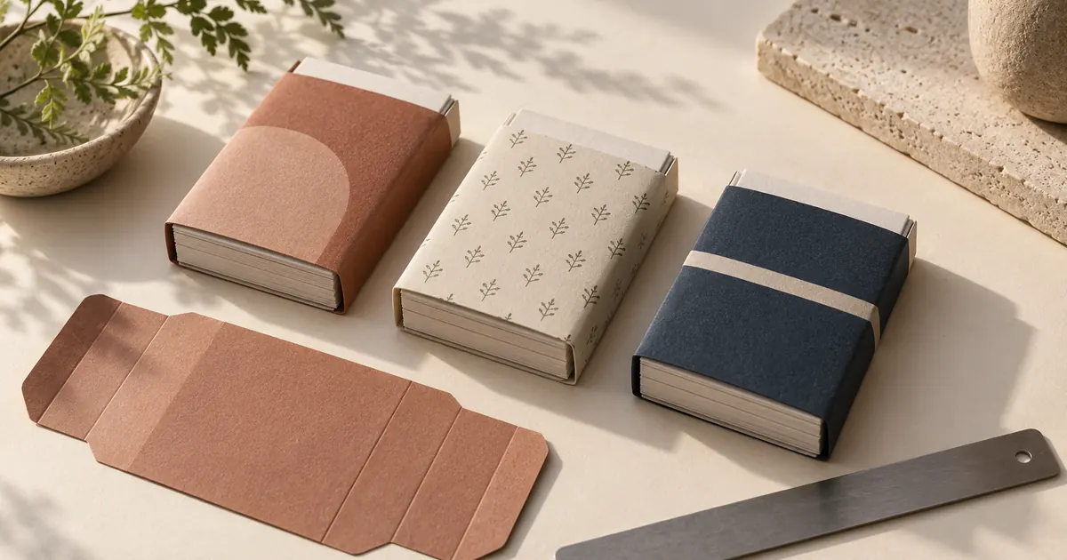 AI-generated concept photograph of three differently patterned stationery sleeves beside a flat paper blank