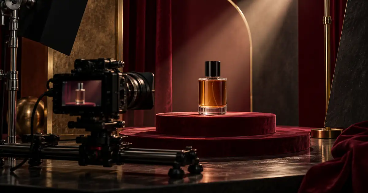 Cinema camera on a slider filming an amber perfume bottle on a burgundy stage