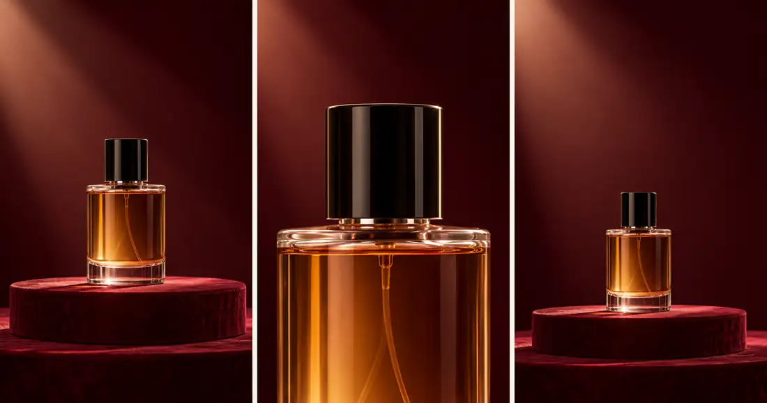 Three generated perfume storyboard stills: full bottle, close cap-and-shoulder view, and full bottle with empty space above