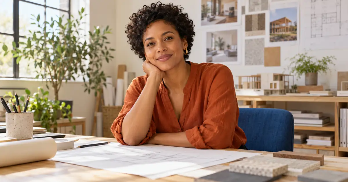 Fictional woman in a rust blouse seated at a bright architecture worktable