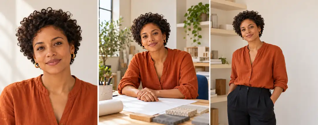 Three generated views of the same fictional woman: close portrait, seated work scene, and standing portrait