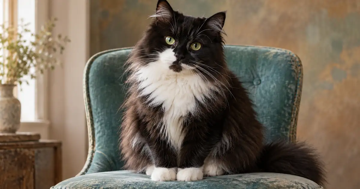 Black-and-white cat with distinct muzzle markings and fine whiskers resting on a teal chair