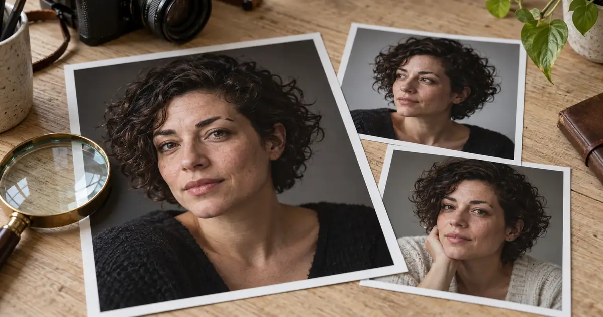 Three portrait prints of the same curly-haired adult on a desk for comparing facial identity across edits