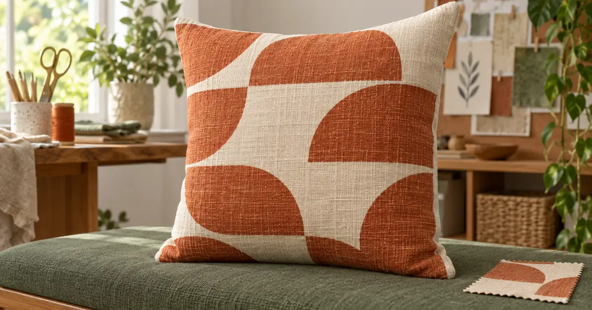 Cream pillow with rust arch motifs on a green bench in a sewing studio