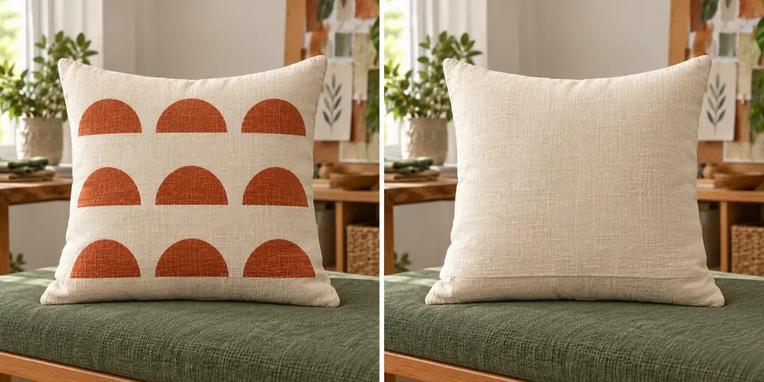 Generated two-view pillow study with nine rust arches on the front and a plain cream back