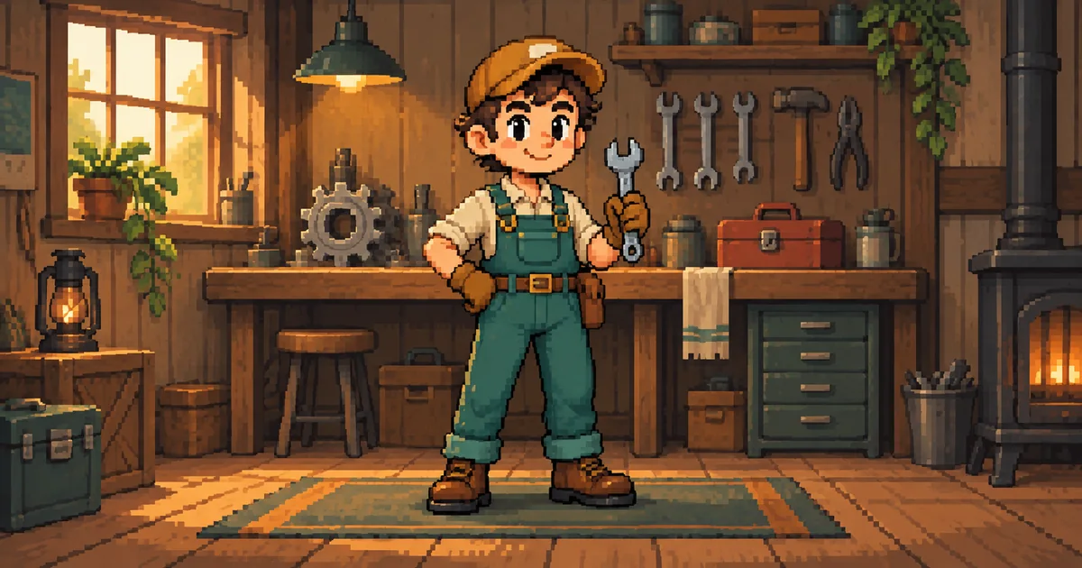 A single pixel-art mechanic holding a wrench stands in a compact workshop, with a limited palette and crisp block shapes