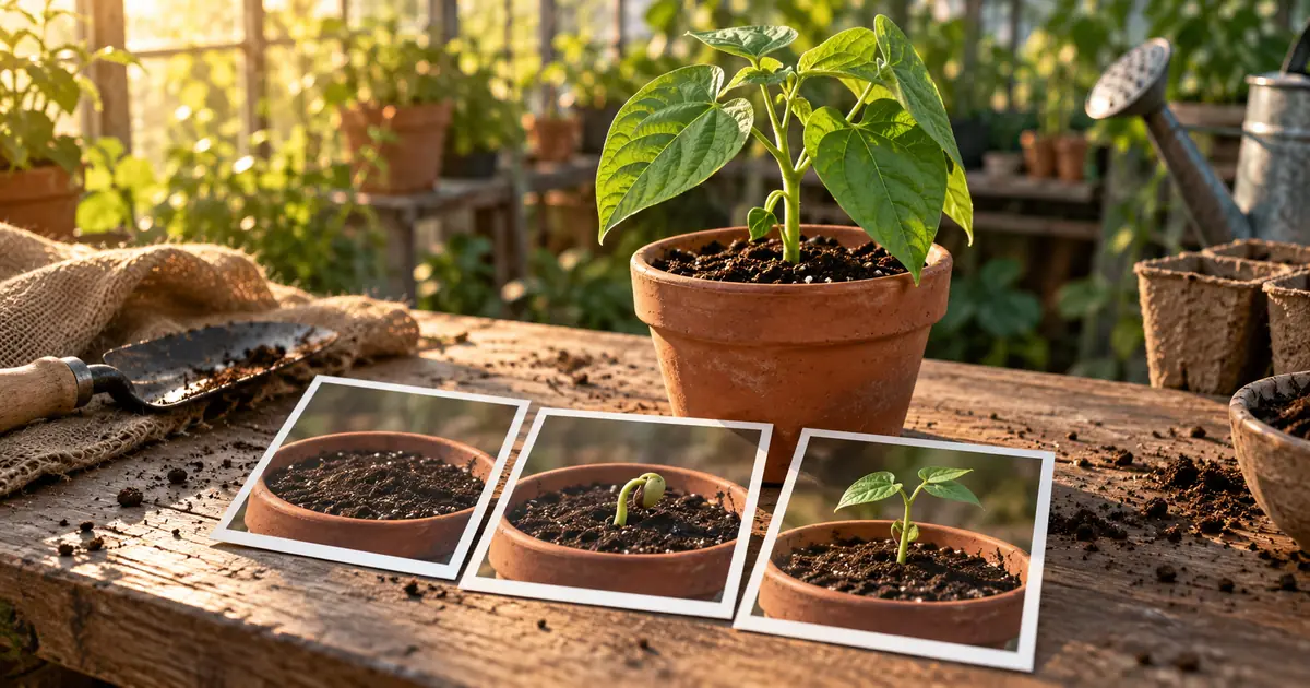 Bean seedling in a terracotta pot beside illustrative soil, sprout and young-plant reference frames