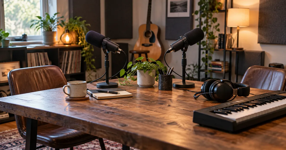 Two podcast microphones and headphones on a warm studio table beside a small keyboard