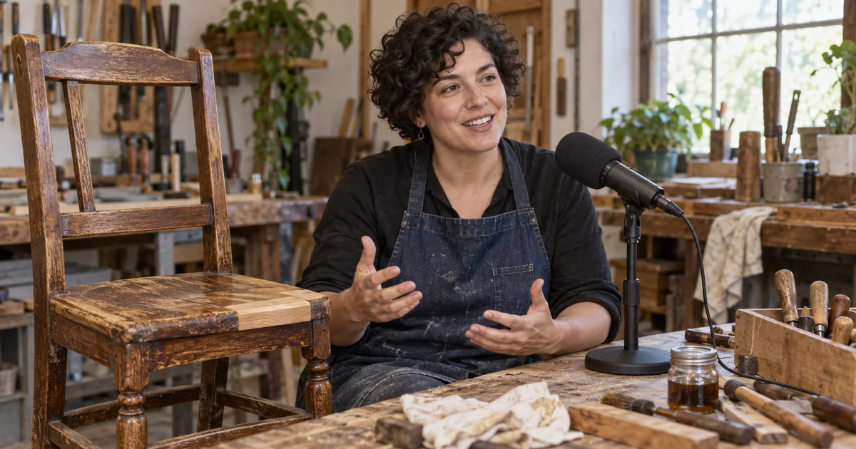 A woman at a small wood-restoration workbench speaks into a microphone beside a chair she is repairing