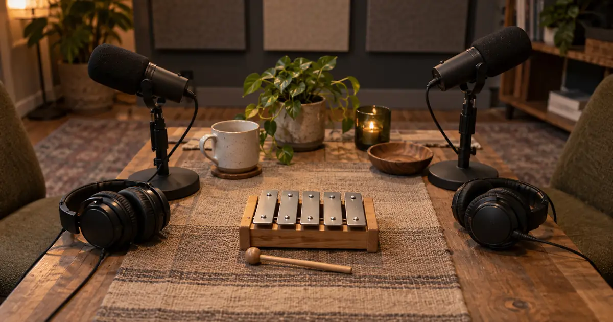 AI-generated editorial illustration of podcast microphones and headphones beside a small mallet instrument
