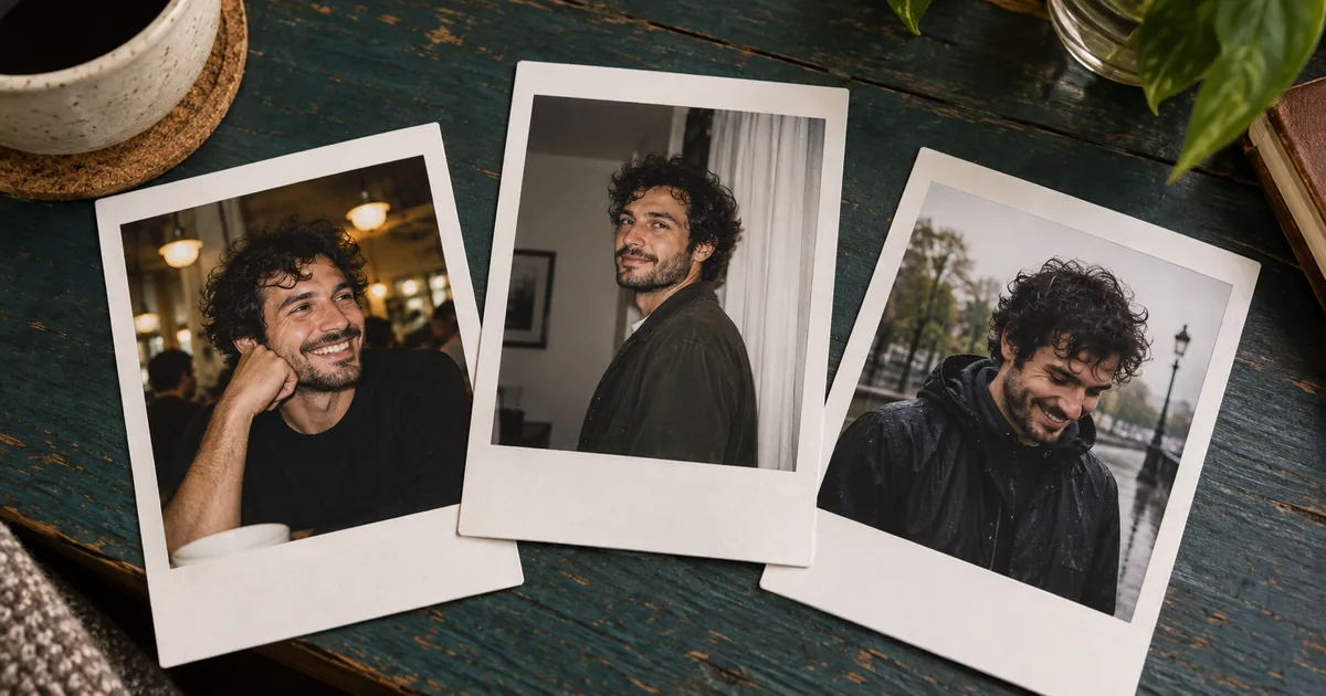 Three instant-film prints of the same fictional man in different candid scenes rest on a teal wooden table