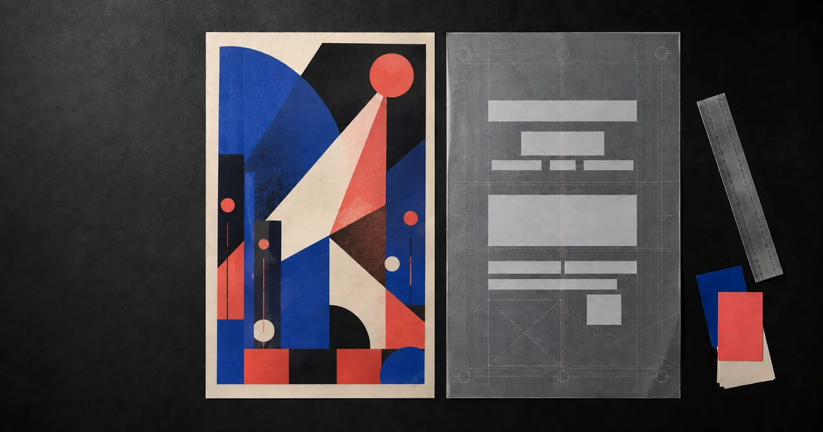 Abstract poster artwork beside a separate editable layout planning sheet