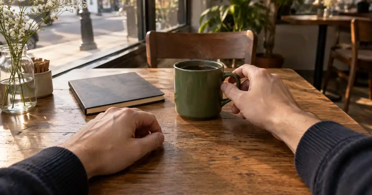 A seated first-person view of hands reaching toward a green mug on a cafe table beside a notebook