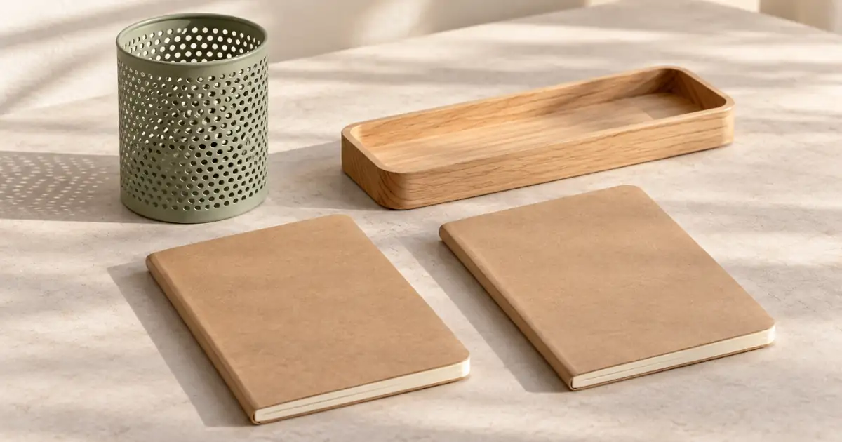 One sage pencil cup, a wooden tray and two kraft notebooks arranged as a four-piece desk kit