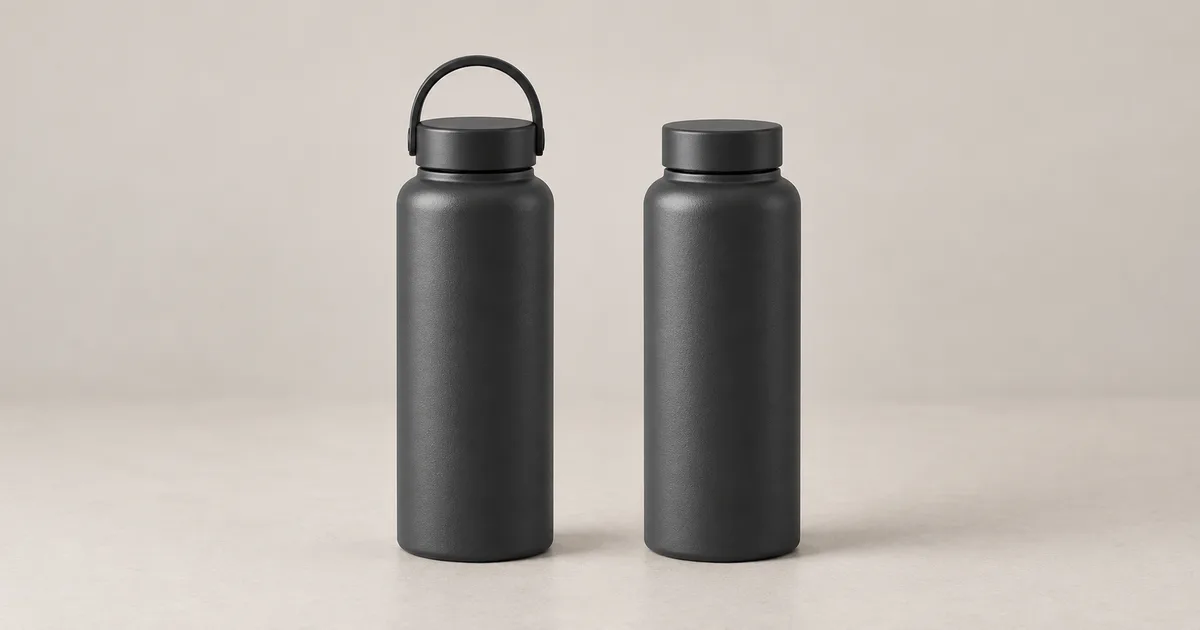 Two fictional charcoal bottles compared for product approval, with a carry loop present on the left cap and missing on the right.
