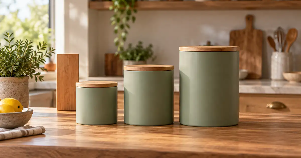 Three sage ceramic storage canisters of different heights arranged together on a wooden counter