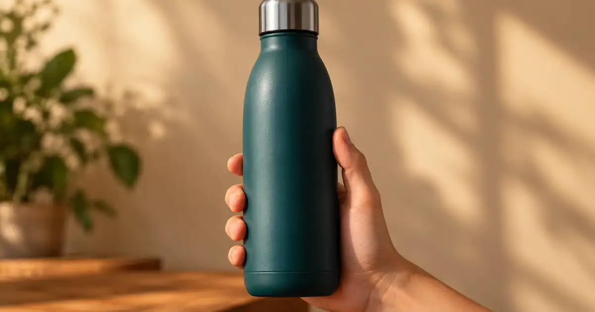 An adult hand holding a plain teal bottle with a clear grip and visible product shape