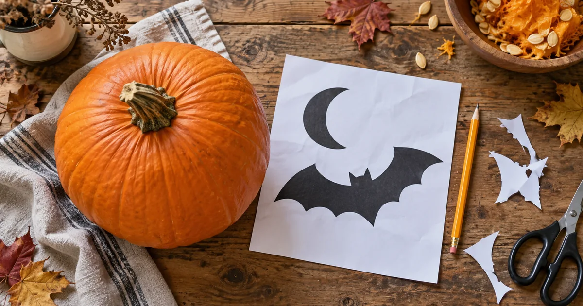 An orange pumpkin beside a paper moon-and-bat stencil and pencil on a wooden craft table