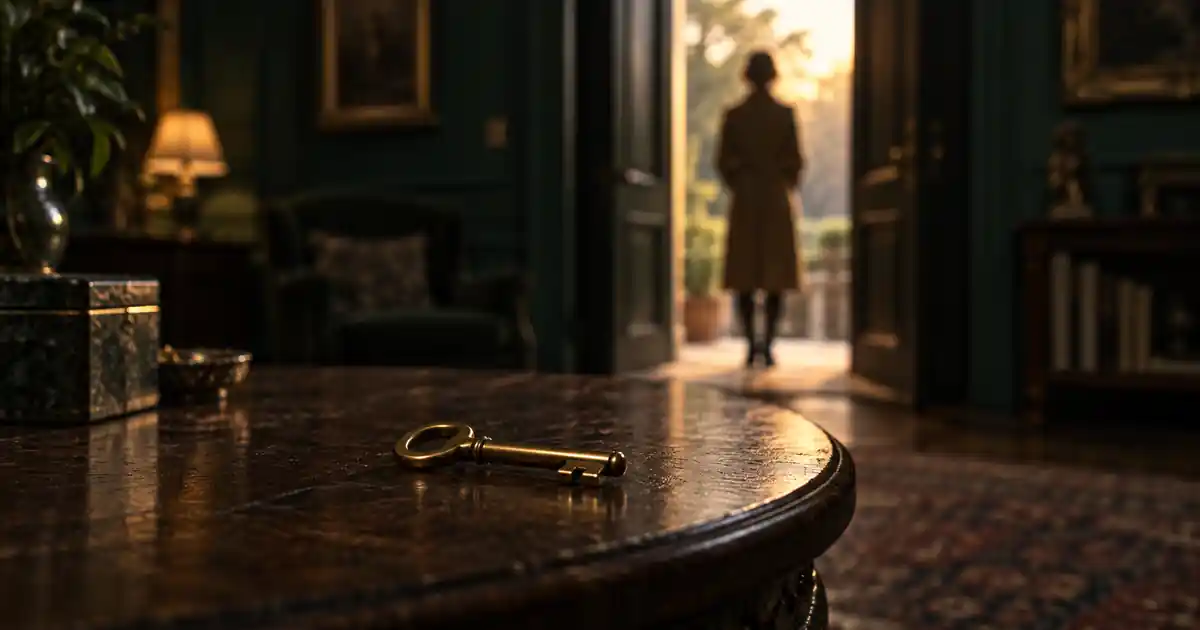 A sharply focused brass key on a foreground table with a softly blurred person in a distant doorway