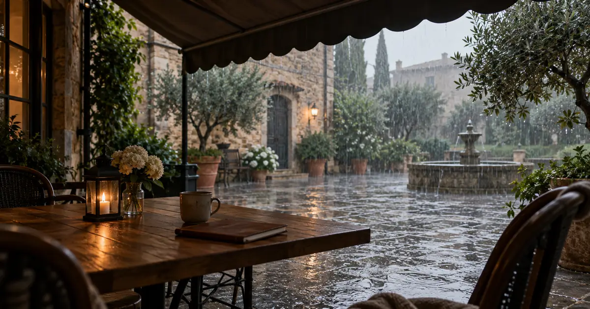 Dry cafe table beneath an awning beside a wet stone courtyard with visible rain and puddle ripples