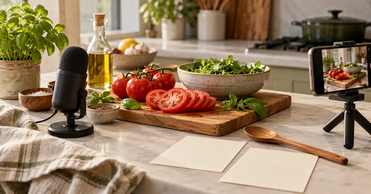 A kitchen microphone beside tomatoes, leafy greens, blank recipe cards and a phone filming the preparation