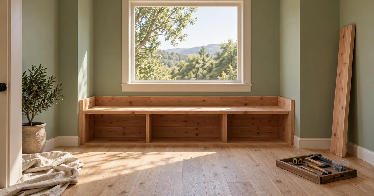 A sunlit reading nook under construction with a fixed window, unfinished cedar bench, and neatly placed tools