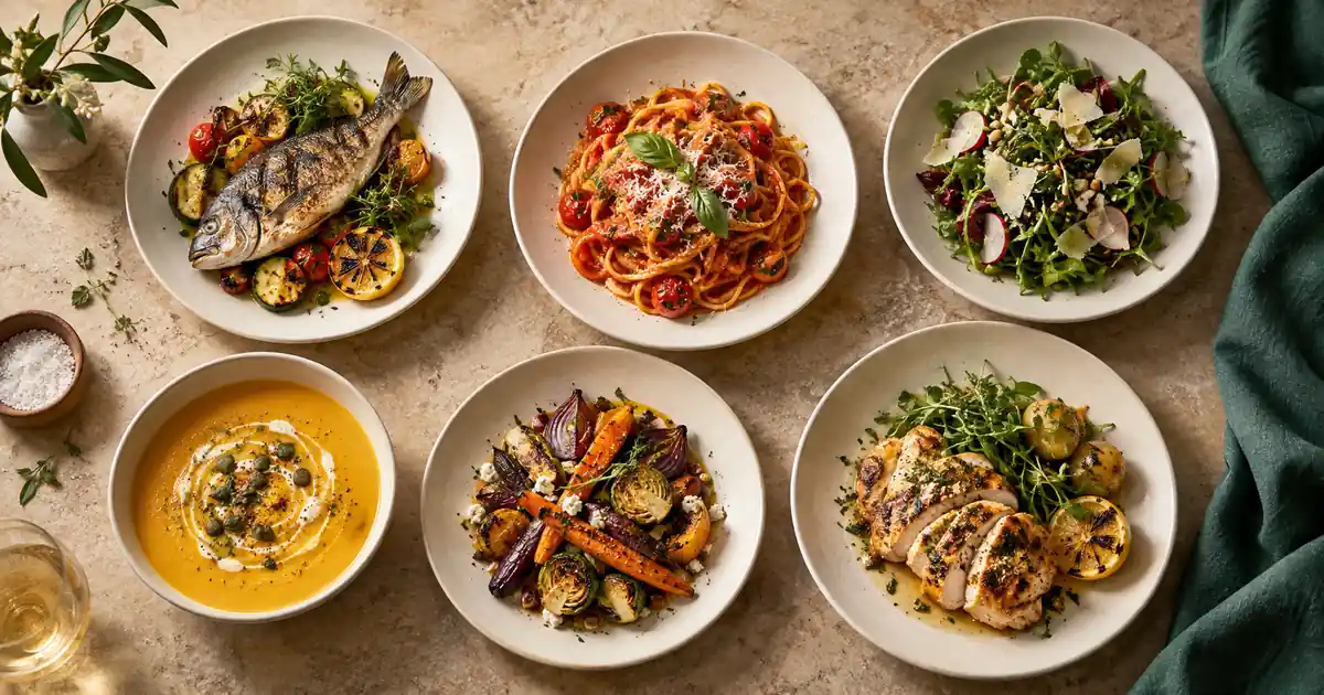 Different plated restaurant dishes photographed together on a neutral tabletop with consistent soft light