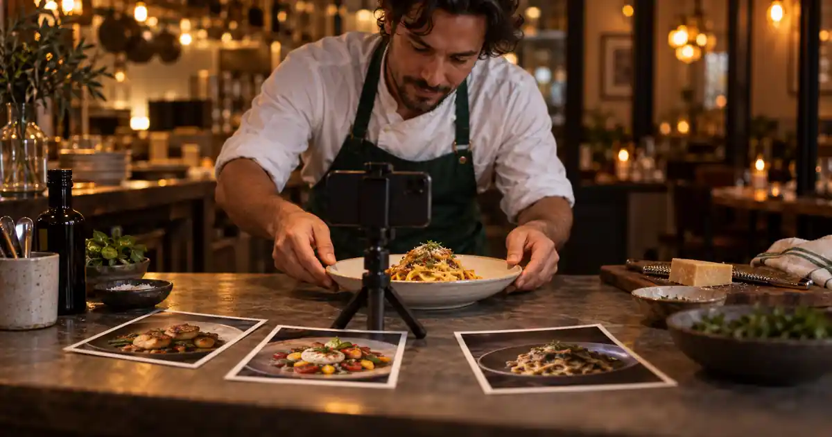 A restaurant owner arranges dish photographs beside a pasta plate and a phone on a small filming tripod