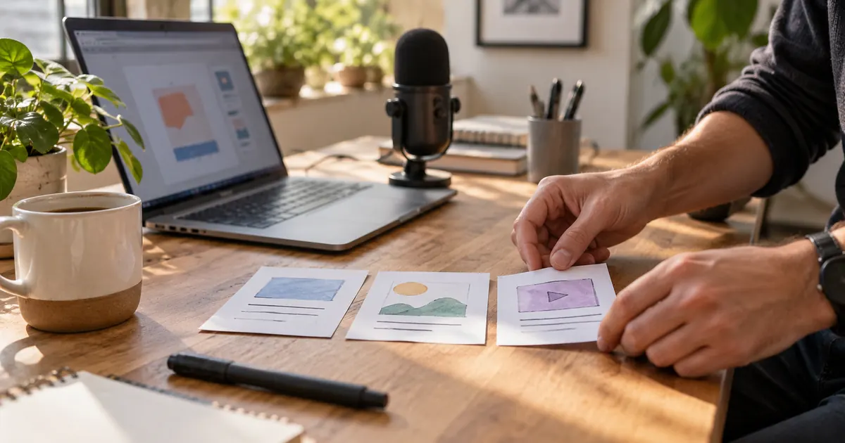 AI-generated editorial image of a founder arranging storyboard cards beside a laptop and microphone