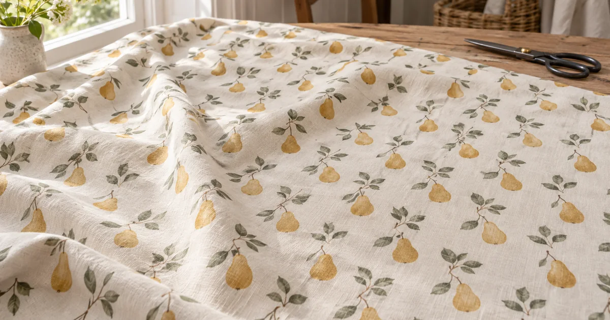 A continuous pear-and-leaf textile drapes over a single sewing table in soft daylight without inset samples or screens