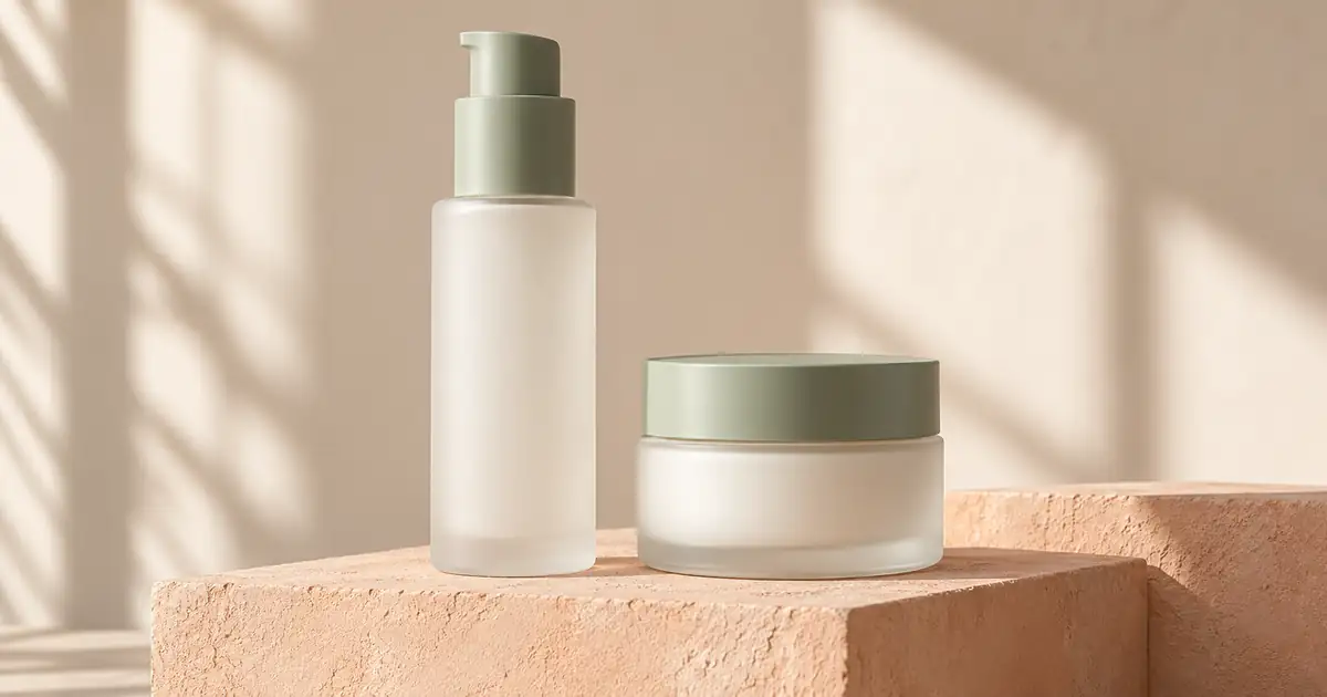 Frosted skincare pump bottle and jar with sage fittings on peach plaster