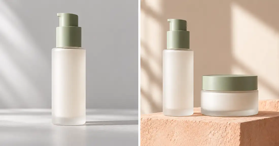 Generated comparison of a sage-pump bottle alone on gray and the bottle with a matching jar on peach stone