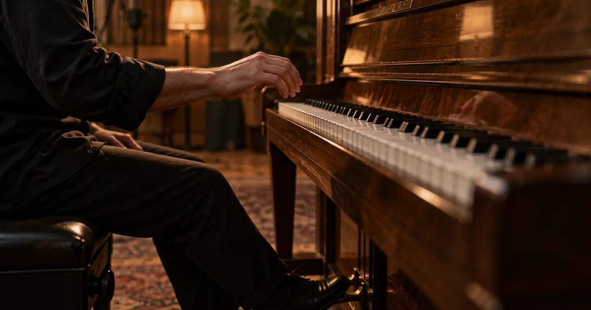 A pianist lifting one hand above an upright piano after a final chord in a warm recording room